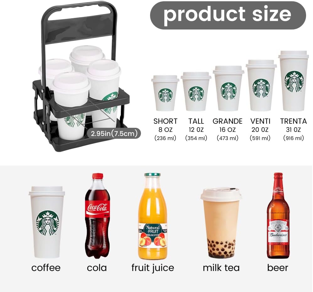Musbus Reusable Drink Carrier with Handle for Doordash, Grubhub, Portable Cup/Coffee Holder Accessories for Delivery, Foldable Drinks Caddy with Tray, Car Durable Plastic Festive Bottle, Vacation