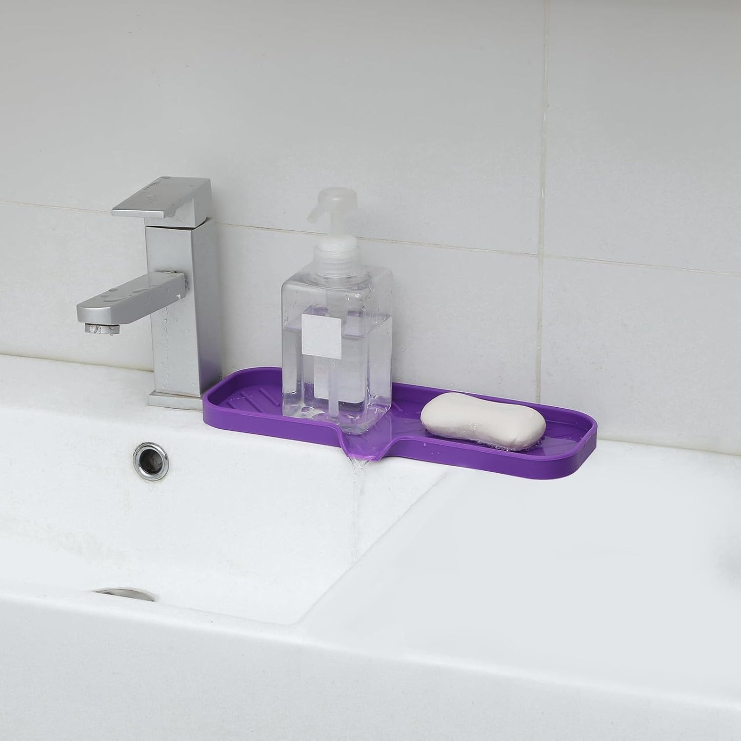 Silicone Bathroom Soap Dishes with Drain Spout-Bathroom and Kitchen Sink Organizer,Sponge Holder,Dish Soap Tray,Perfect for Dispenser,Scrubber,Bottle,Cup on Sink or Counter-Purple 12"×4"