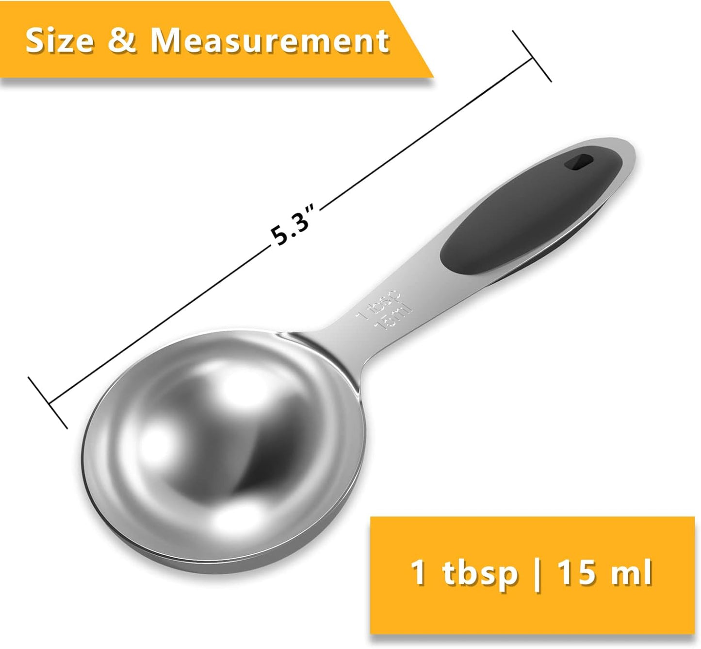4PCS 1 Tbsp(3tsp, 1/2oz, 15ml) Single Measuring Spoon with Black Silicone Grip, Stainless Steel Individual Measure Scoop Only