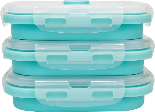 CCyanzi 3piece Collapsible Food Storage Containers with Lids, Silicone Lunch Container, Microwave & Freezer Safe, Space Saving for Kitchen Cabinet and Camping Backpack,(blue)