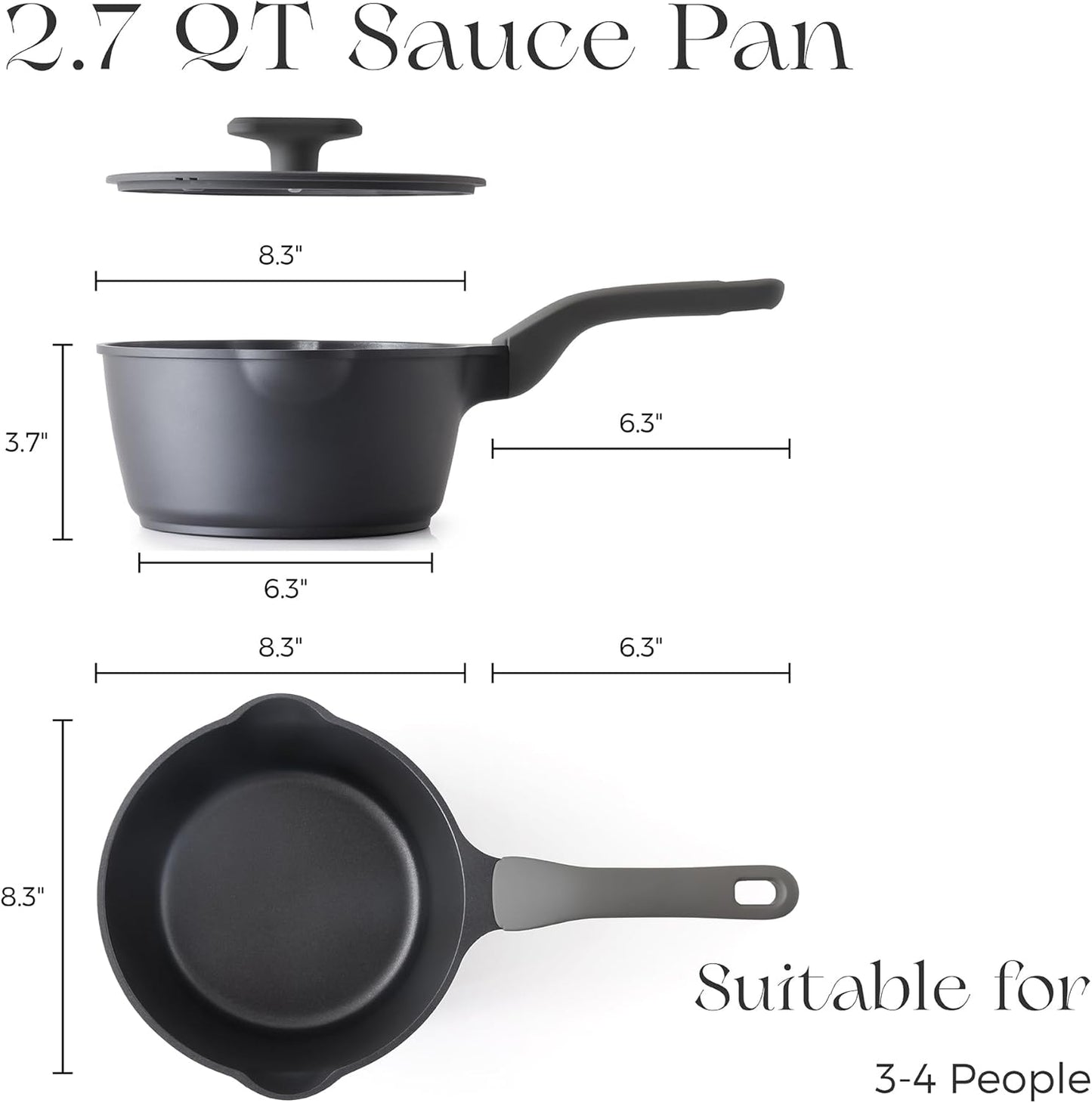 PRICUSIS Nonstick Saucepan with Lid, 2.7 Quart Non Toxic Pot with Pour Spouts, Full Coated, 100% Dishwasher Safe, Induction Compatible & Oven Safe, PTFE & PFOA Free, Black Sesame