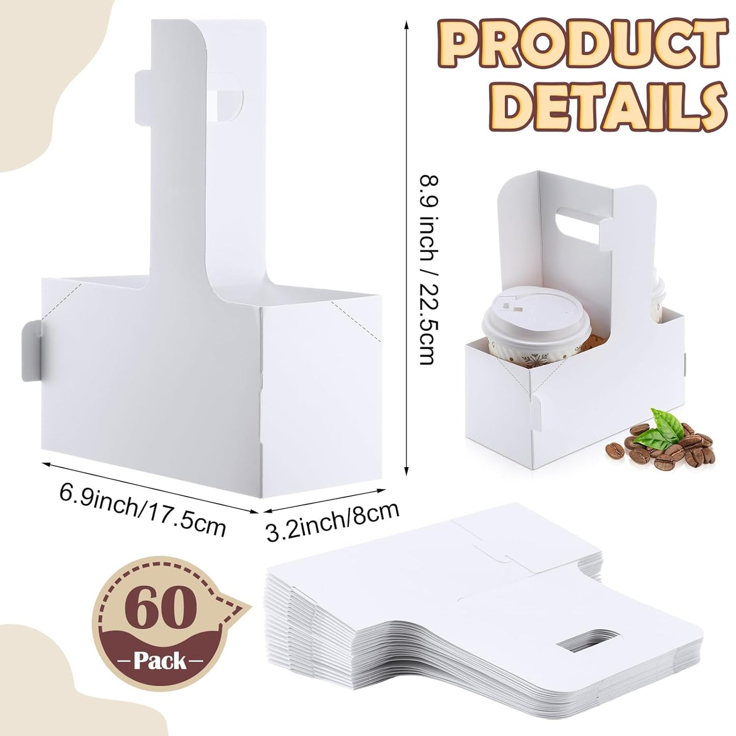 Kosiz 60 Pcs 2 Cups Drink Carrier with Handle 6.9 x 3.2 x 8.9 Inch Coffee Holder Paperboard Drink Caddy for Hot and Cold Beverage Takeout Cafe and Restaurant Xmas Wedding Food Delivery(White)