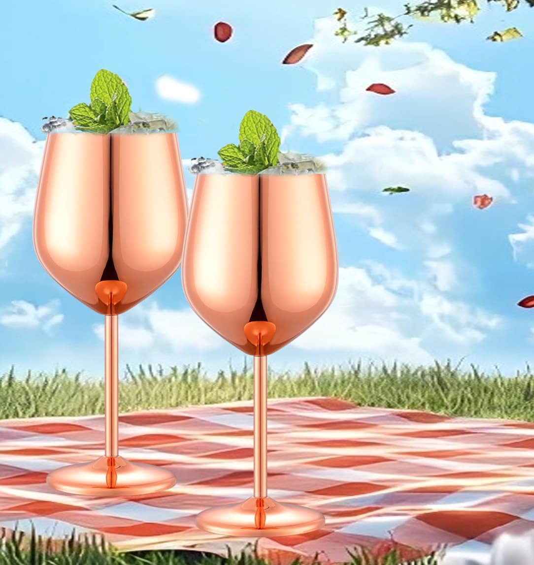 Stainless Steel Wine Glasses Set of 2, 18 oz Unbreakable Rose Glod Wine Glass Unique Metal Wine Goblets for Outdoor Capming and Pool Gift for Wine Lovers