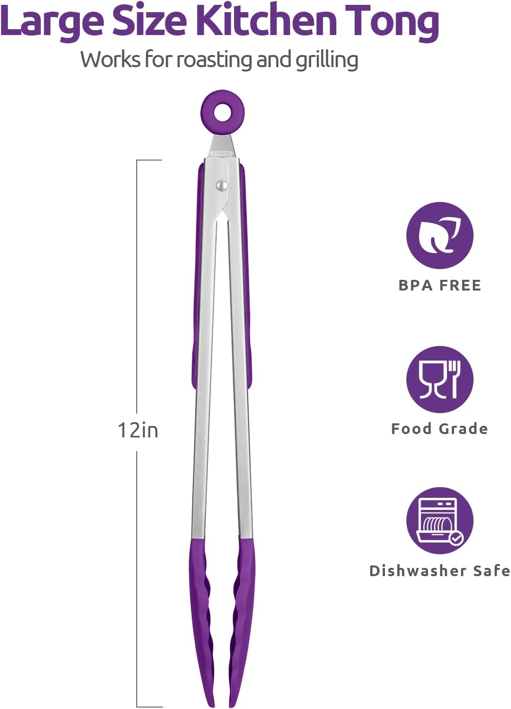600ºF Heat Resistant Kitchen Tongs: U-Taste 12 inch Large Silicone Cooking Tong with Sturdy Non Stick Rubber Tips & Silicon Coated 18/8 Stainless Steel Handle & Smooth Locking for Serving Grill-Purple