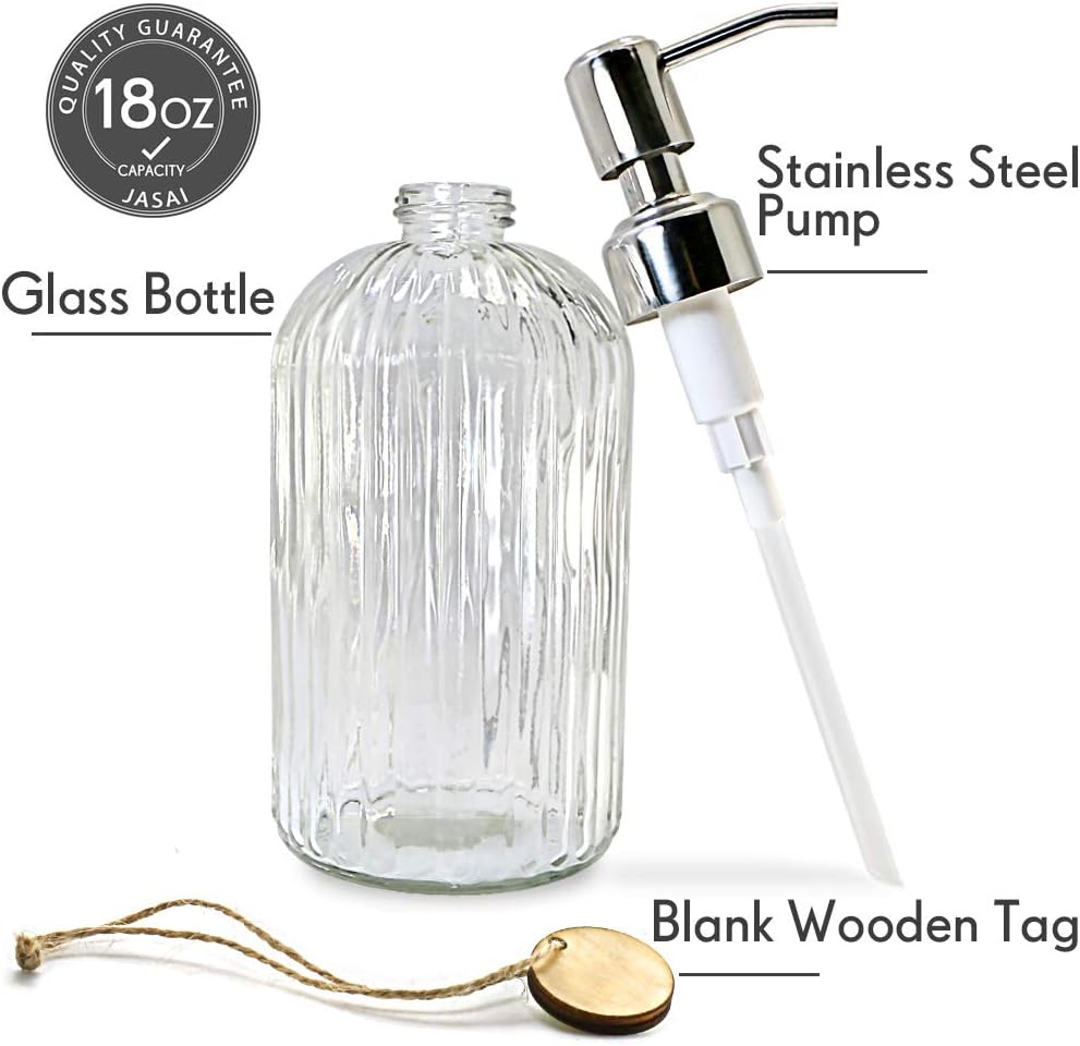 JASAI 18 Oz Clear Glass Soap Dispenser with Rust Proof Stainless Steel Pump, Refillable Liquid Hand soap Dispenser for Bathroom, Premium Kitchen Soap Dispenser (Clear).