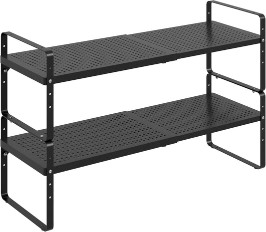 Expandable Cabinet Shelf Organizer Adjustable Metal Spice Rack Stackable Freestanding Counter Storage Shelves for Kitchen Cabinet Under Sink Office Desk (Black - 2Pack - L16.5-27'' * W10.2'' * H9.6'')