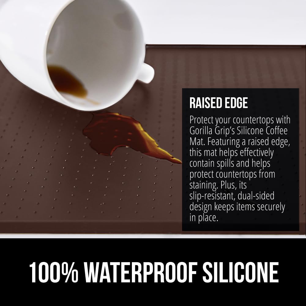 GORILLA GRIP Silicone Coffee Mat, Espresso Drink Bar Station Accessories, Waterproof Heat-Resistant Dish Drying Mats, Stay in Place on Kitchen Counter, Home Kitchen Decor Essentials, 11.5x18.5, Brown