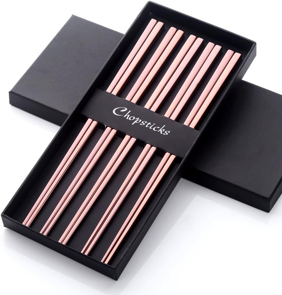 Buyer Star 5-Pair Stainless Steel Chopsticks - Reusable Rose Gold Chinese Square Chopsticks