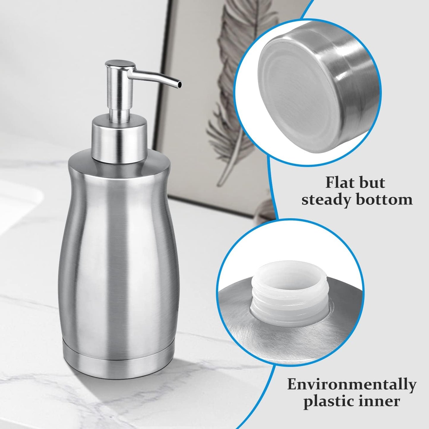 Soap Dispenser Stainless Steel - Brushed Nickel Pump Dispenser Bottle Refillable Liquid Hand Dish Soap Dispenser for Bathroom, Kitchen, Countertop, Silver (13.5 Oz / 400ML)