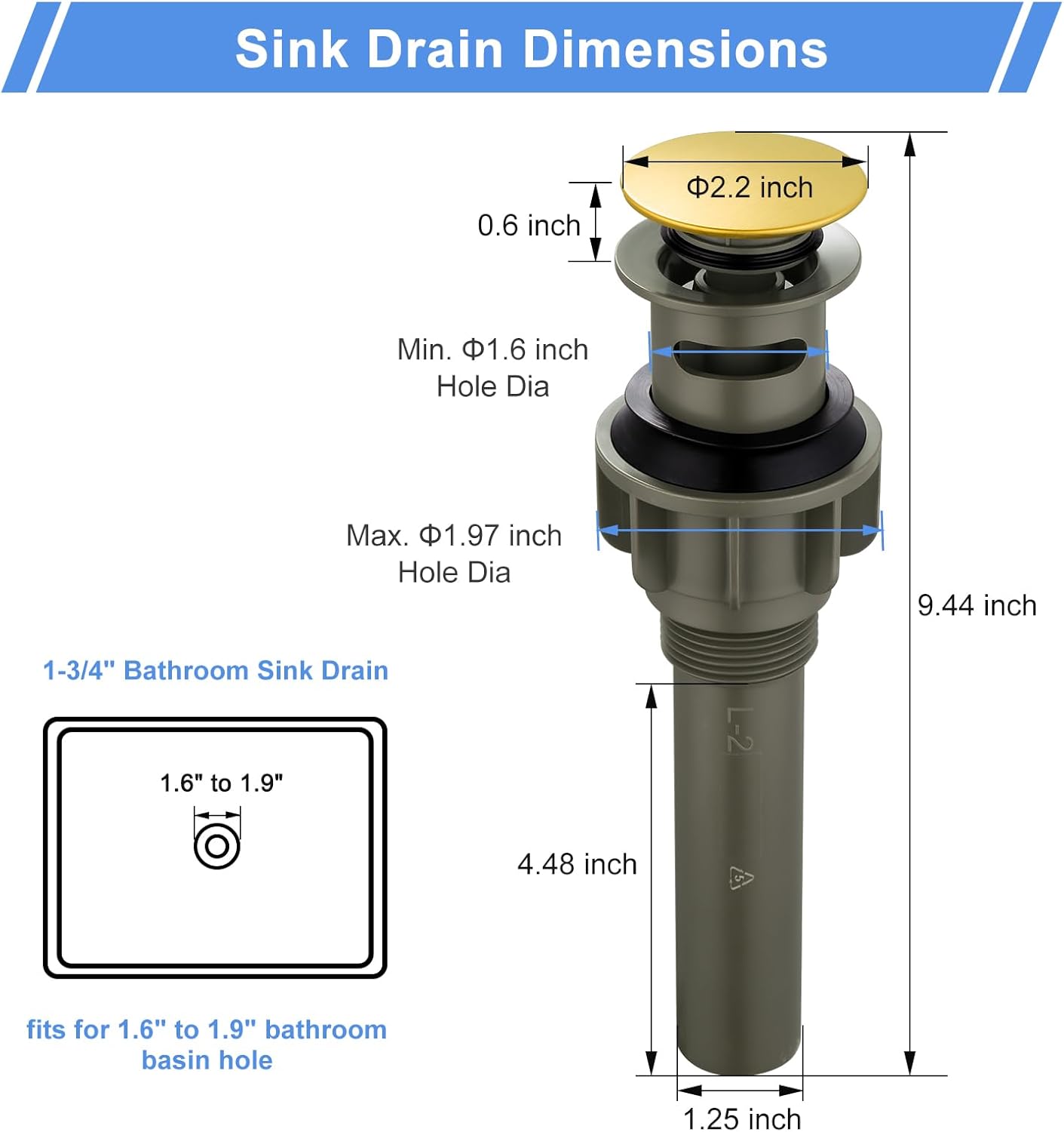 Pop Up Drain with Overflow, ARCORA Brushed Gold Bathroom Sink Drain, Pop Up Drain for Vessel Sink