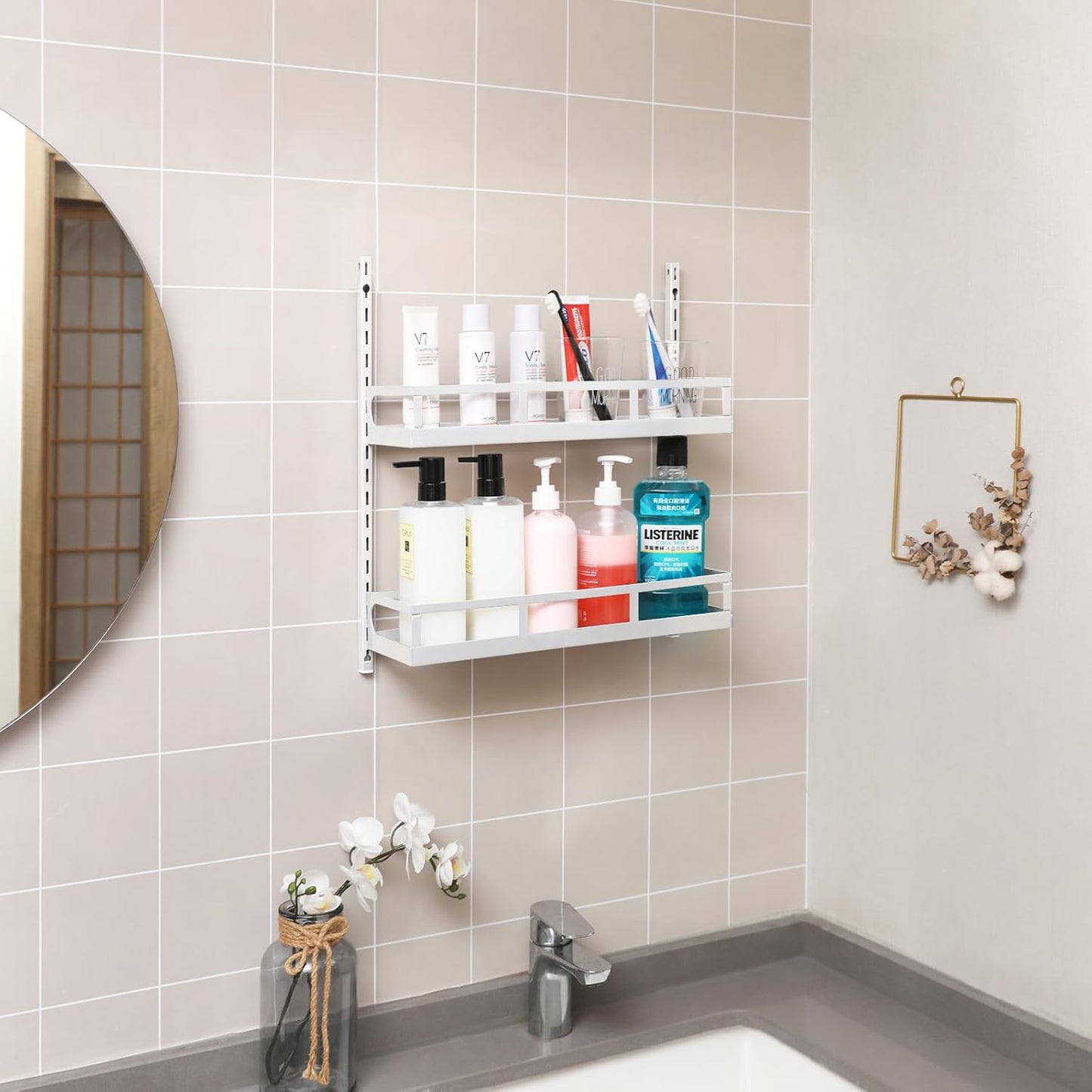 X-cosrack Wall Mount Spice Rack Organizer 5 Tier Height-Adjustable Hanging Spice Shelf Storage for Kitchen Pantry Cabinet Door, Dual-Use Seasoning Holder Rack with Hooks, White