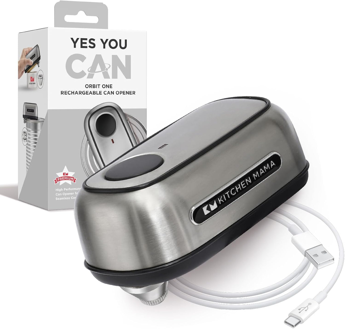 Kitchen Mama Orbit One Stainless Steel Rechargeable Electric Can Opener: Hands-free, USB-C Charging, Automatic Stop, Smooth Edge, Safety, Blade for Large Cans, Heavy Duty, Soda Can and Pop Can