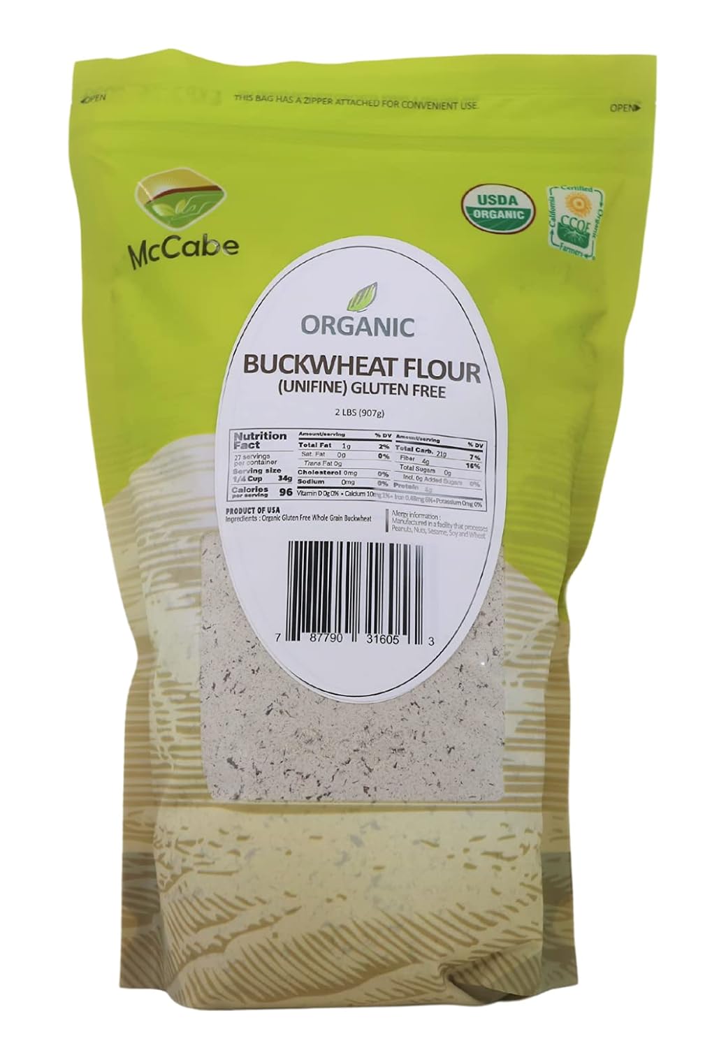 McCabe Organic Buckwheat Flour - Buckwheat Flour Organic | Rich with Fiber & Minerals | USDA and CCOF Certified | Packed in USA | 2Lbs (Pack of 2)