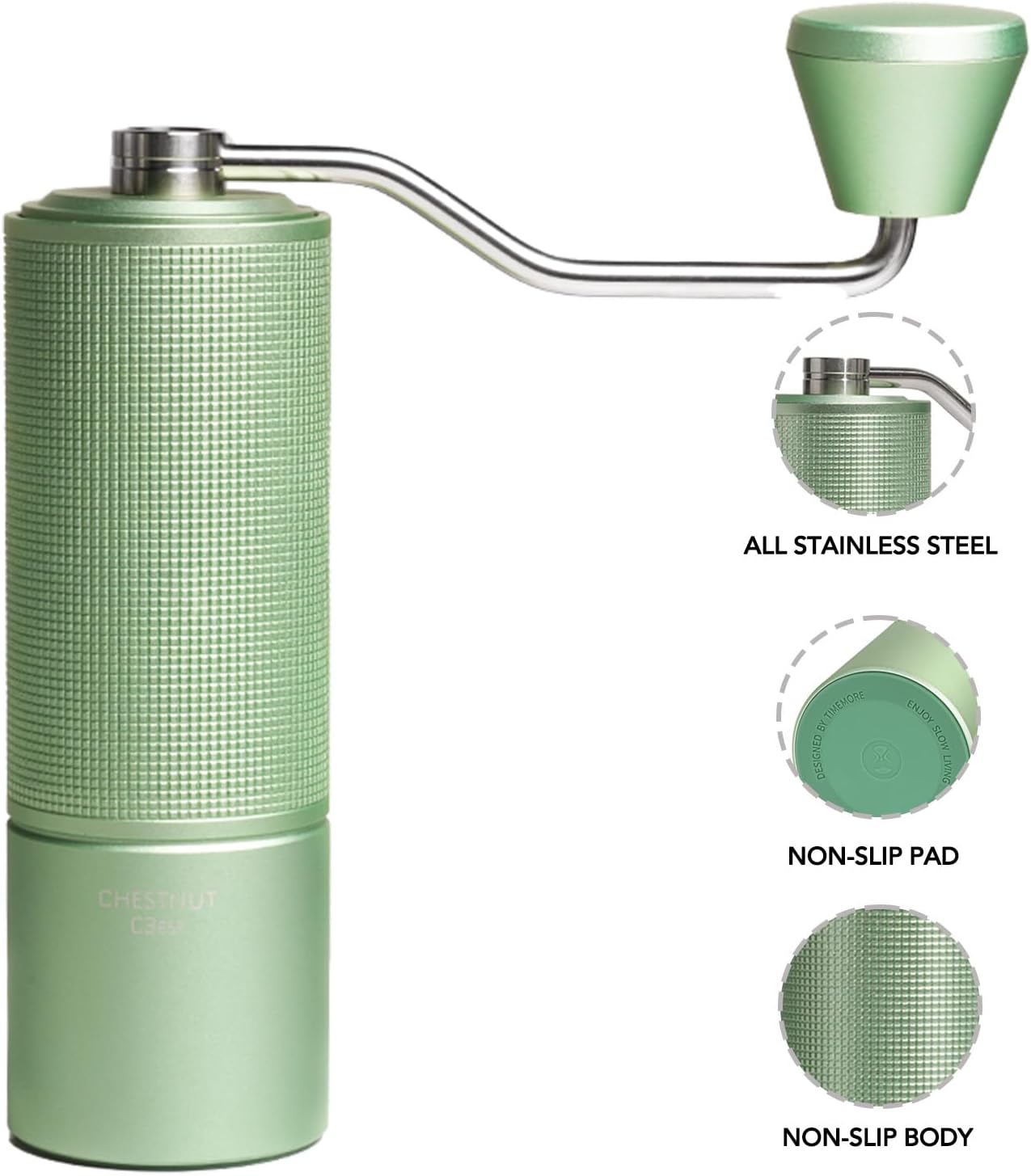 TIMEMORE Manual Coffee Grinder with Stainless Steel Espresso Coffee Bean Grinder Chestnut C3 ESP Internal Adjustable Setting, Double Bearing Positioning Green