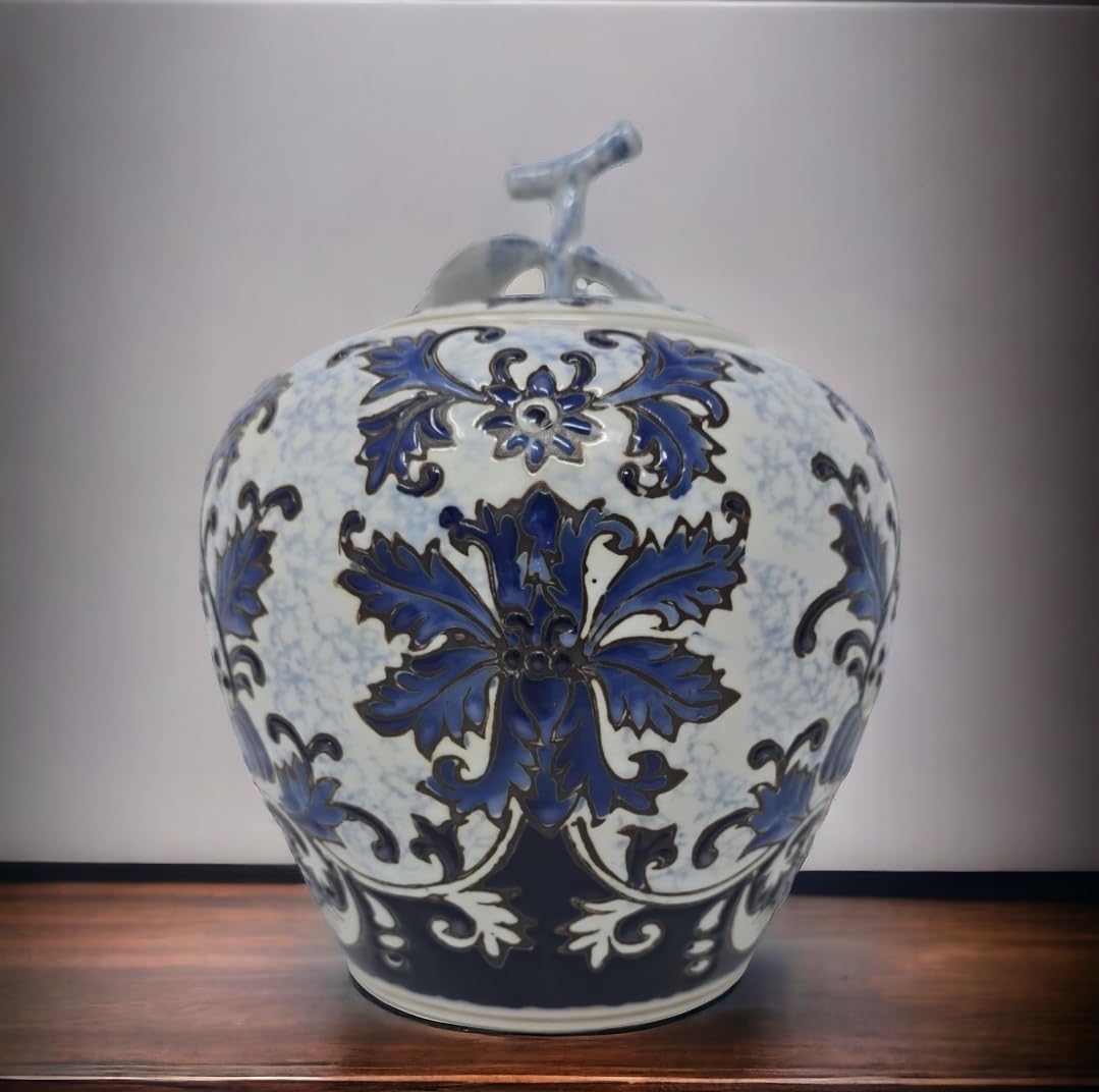 Festcool Blue and White Ceramic Flower Ginger Leaf Lid Jar Vase, Sugar Canister, Sugar Container, Tea Container, Hand-crafted Jingdezhen China