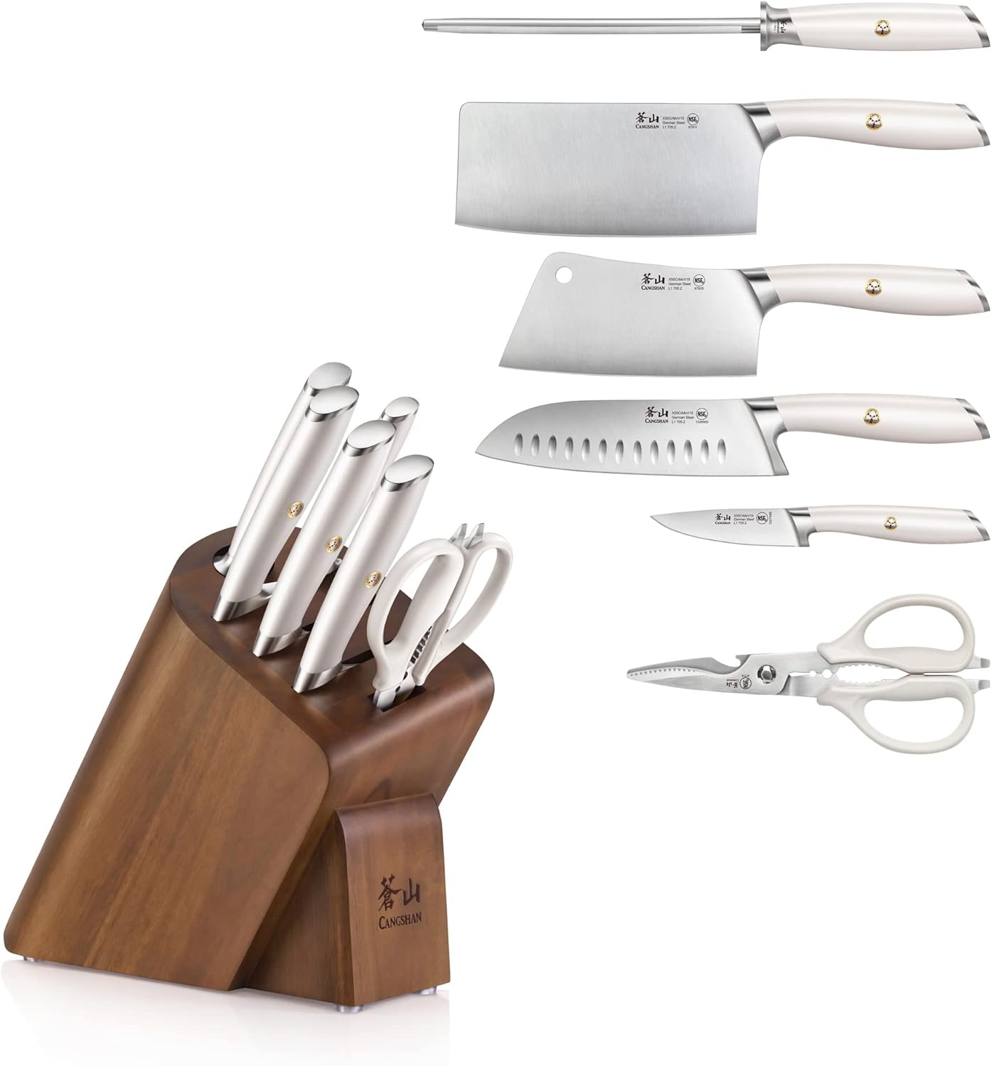 Cangshan L1 Series 7-Piece Cleaver Knife Block Set, Forged German Steel, White, 1027129