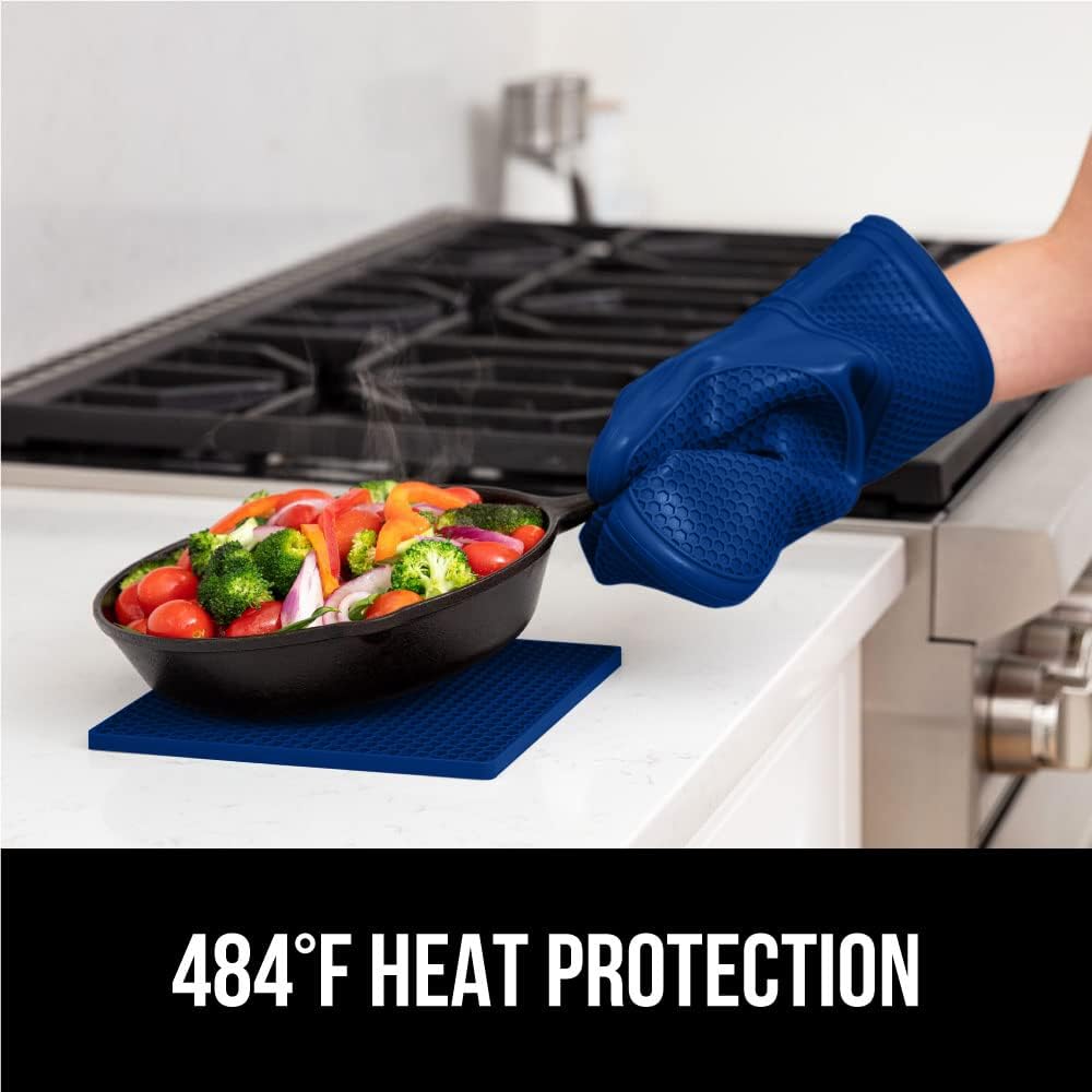 GORILLA GRIP BPA-Free Soft Silicone Oven Mitts and Pot Holders Sets of 4, Heat Resistant Waterproof Cooking Gloves, Thick Cotton Lining, Flexible Gripping for Baking Grilling, Kitchen Trivets, Blue