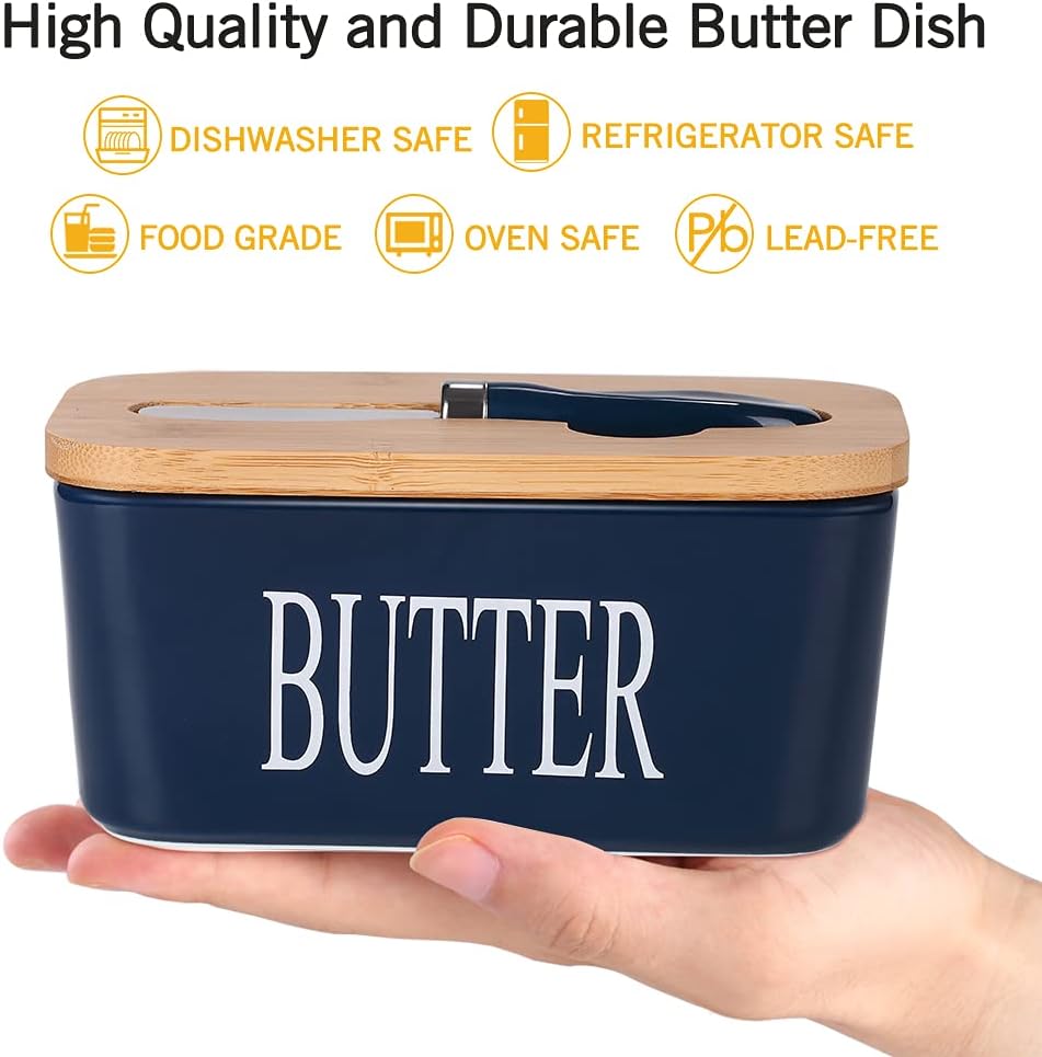Ceramic Butter Dish with Wooden Lid, Large Butters Container Keeper Storage with Stainless Steel Knife Spreader, Bamboo Cover and Silicone Sealing Ring for West East Coast, Blue