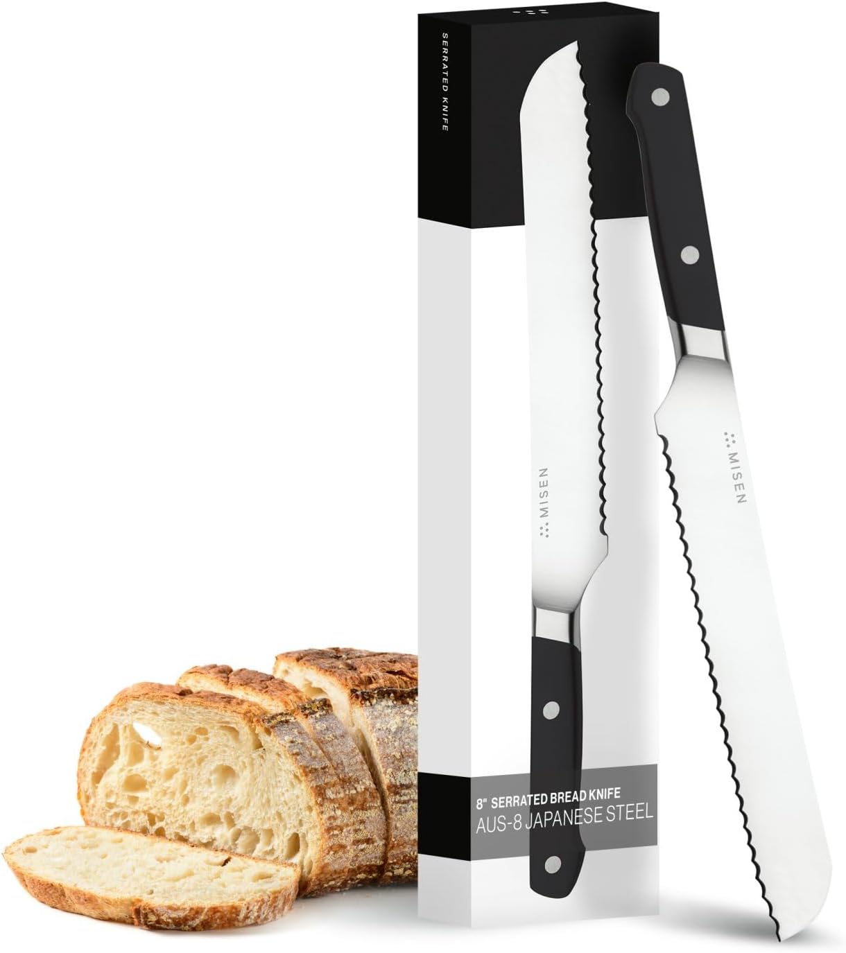 Misen Serrated Bread Knife – High-Carbon Japanese AUS8 Steel – Effortless Slicing of Bread, Pastries, and Fruits – Razor-Sharp Edge and Durable Blade with Ergonomic Handle - 8", Black