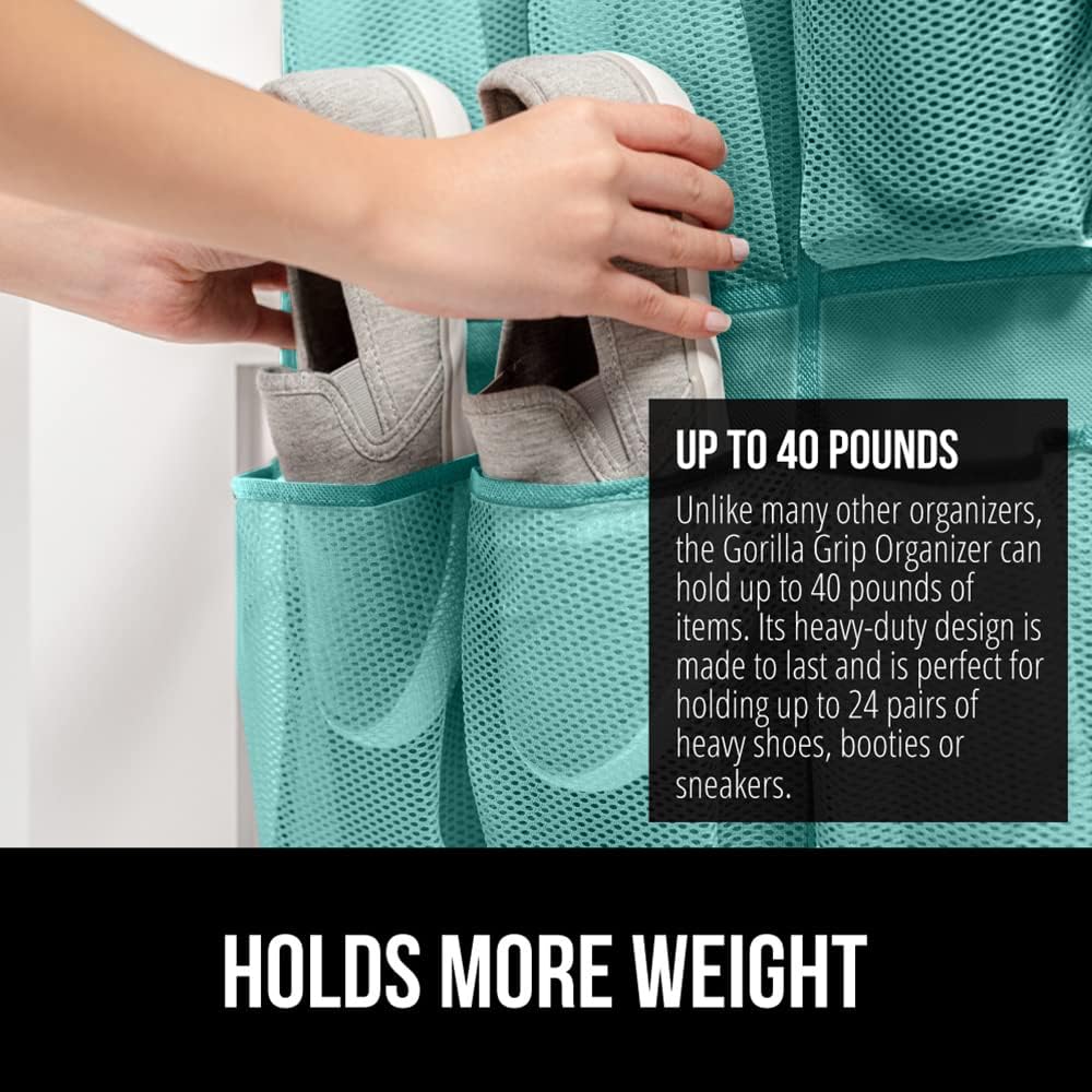 GORILLA GRIP Over the Door Shoe Organizer, 24 Large Breathable Mesh Pockets, Space Saving Hanging Storage Holder, Closet Rack Hanger Holds Up to 40 lbs, Hangs on Closets, Shoes, Accessories, Turquoise