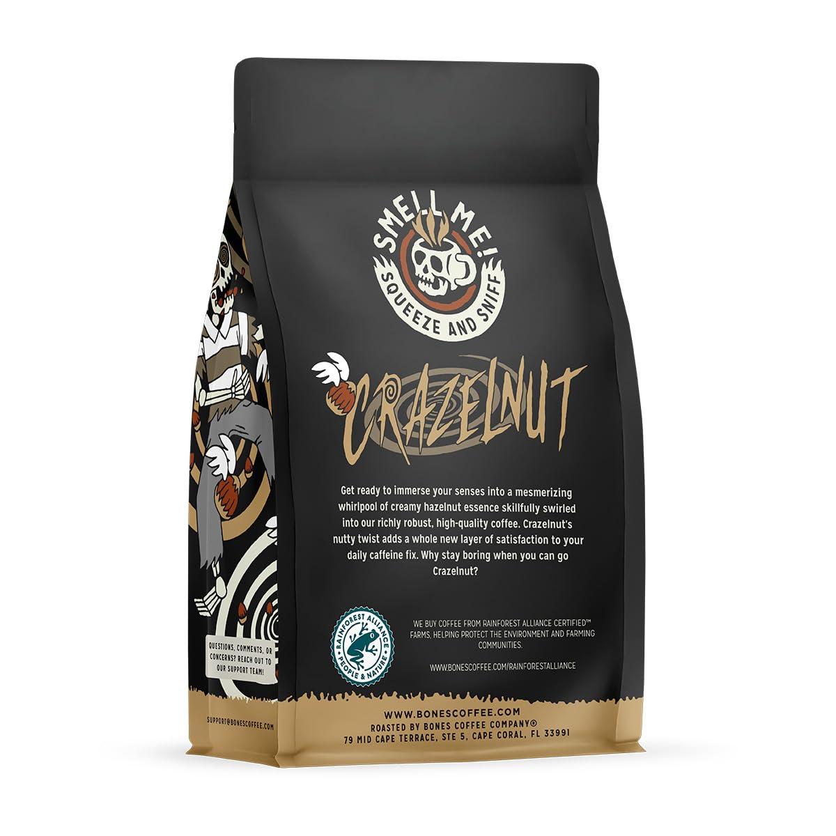 Bones Coffee Company Crazelnut, Hazelnut Flavored Coffee, Medium Roast Low Acid Arabica Beans Compatible with Auto drip and French Press Coffee Maker, 12 Oz Ground