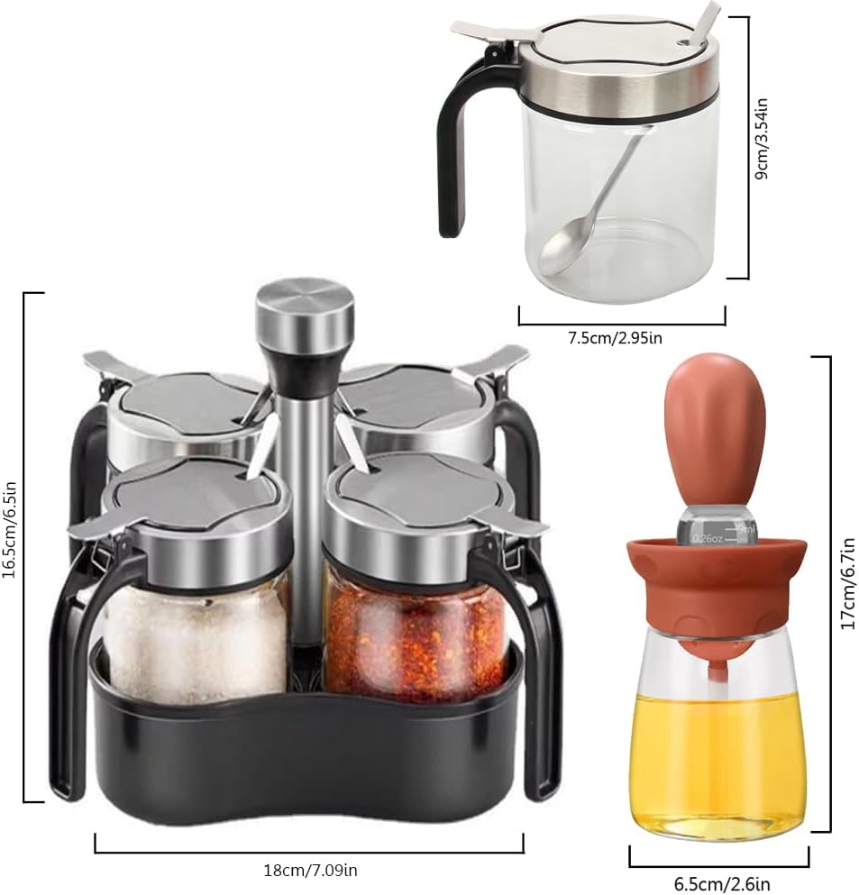 TINMIX Revolving Condiment Pots Sugar Bowl Salt & Pepper Cellar with Lid and Spoon, Set of 4 Seasoning Box Spice Jar with 360 Rotating Tray for Kitchen, 2 Pots+2 Oil Dispenser Bottles