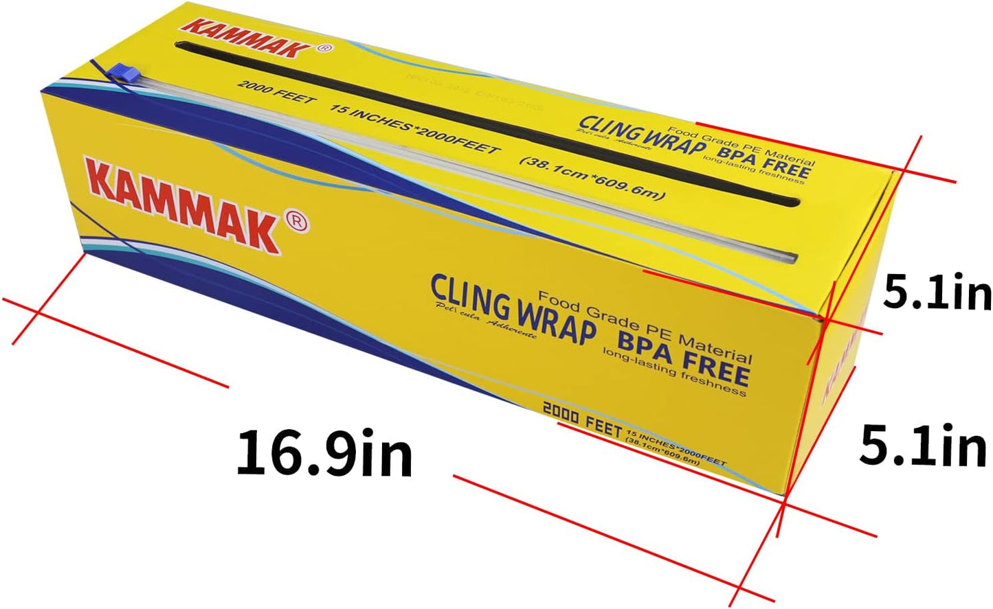 KAMMAK Plastic Wrap Food Cling Wrap with Slide Cutter 15 inch Restaurant Cling Film 2000 Ft Bulk Roll Refillable Food Service Cling Wrap Dispenser Quick Cut Anti-Fog Cling Film for Kitchen