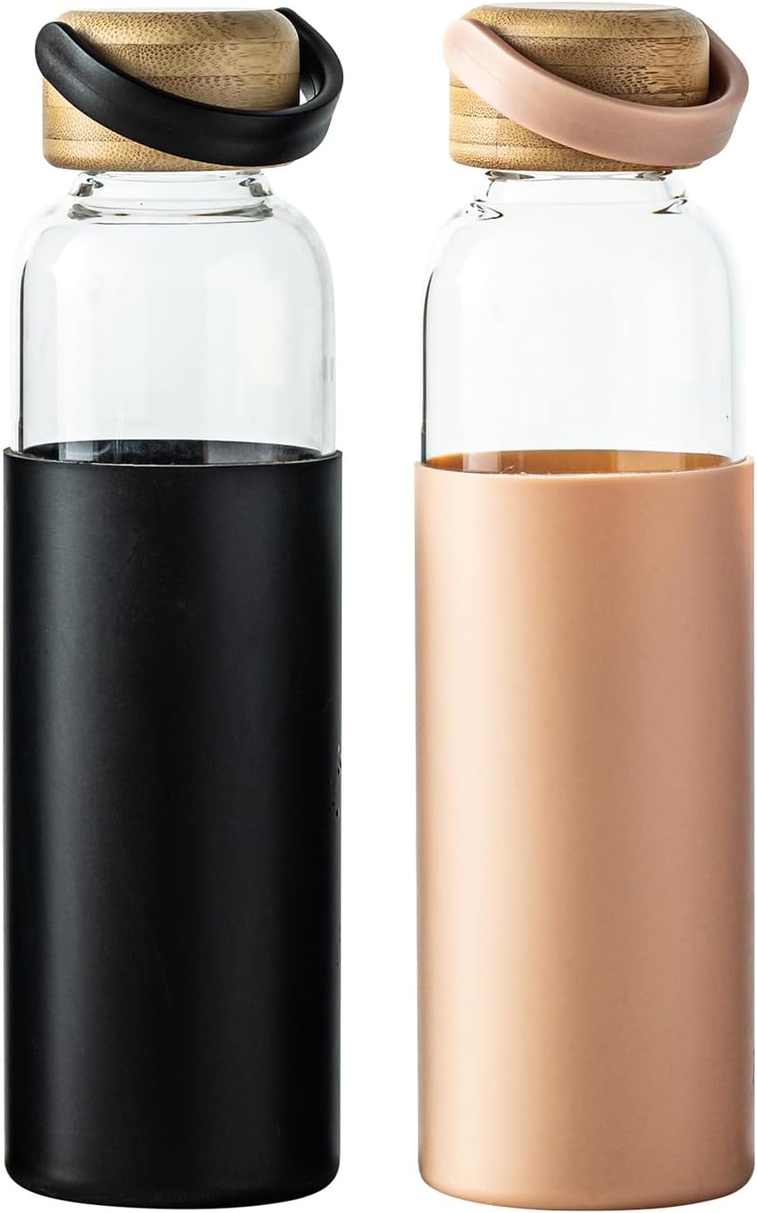 21oz Borosilicate Glass Water Bottles with Silicone Non-Slip Sleeve & Leak-Proof Lid-Reusable Drink Bottle for Office,Travel,Gym,Hiking-BPA Free,Ideal Gift for Home,Car &Fitness (Pink+Black)