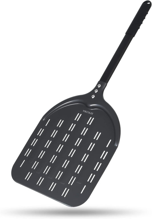 Perforated Pizza Peel, 12 x 14 Inch Rectangular Pizza Turning Peel, Professional Anodized Aluminum Turning Pizza Spatula, 26 inch overall