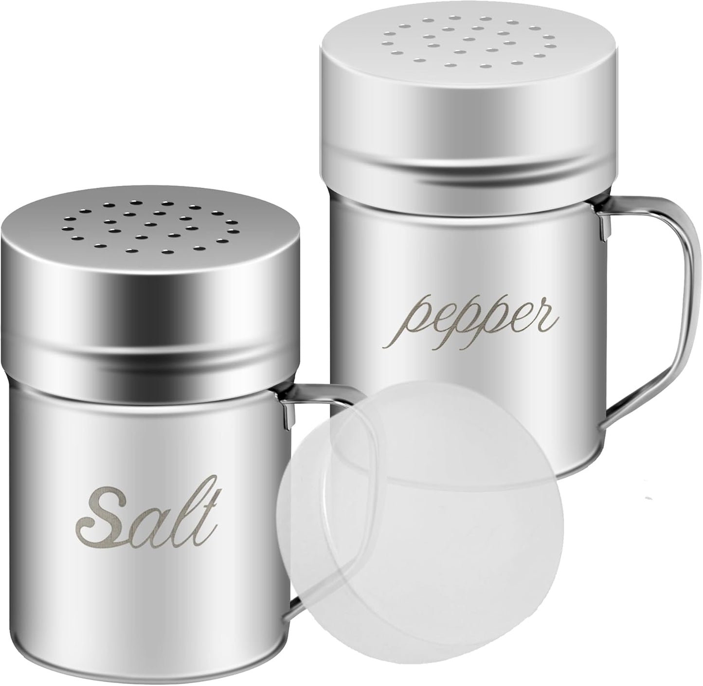 Stainless Steel Salt and Pepper Shakers Set, 6 OZ Seasoning Spice Shaker with Lid and Handle Medium Holes, Metal Dredge Shaker for Powder Sugar Cooking Kitchen Baking (2 Pieces)