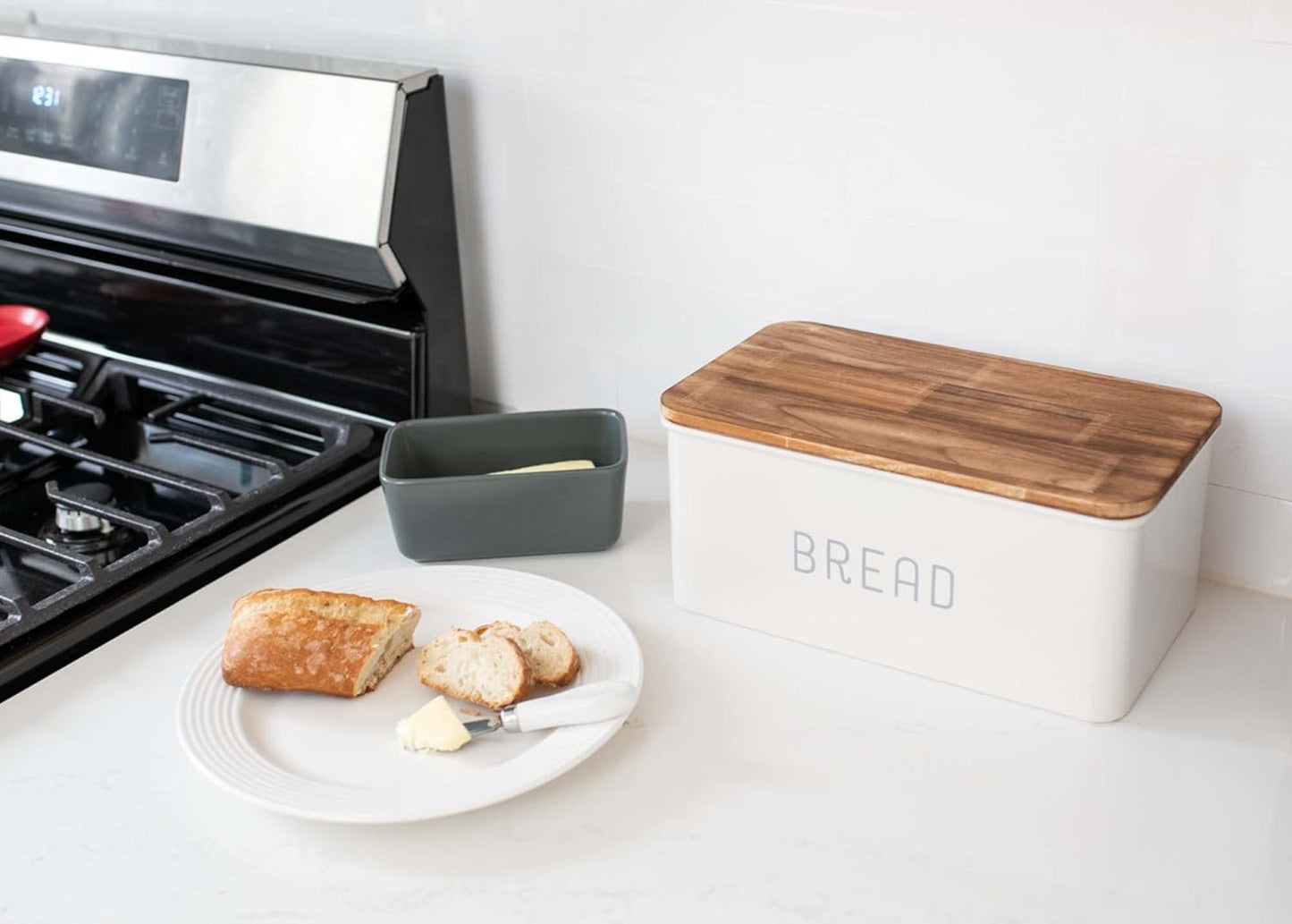 Nat & Jules Matte White 12 x 7 Metal Enamel Rubber Wood Lidded Bread Box