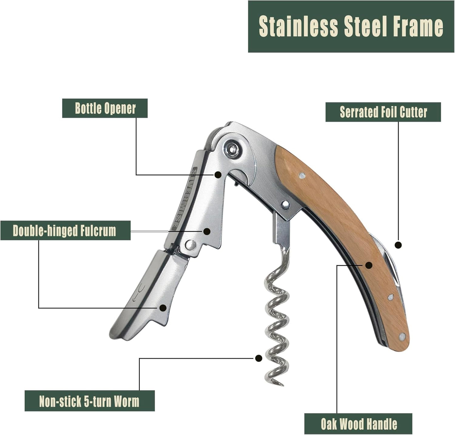 Wine Opener, Bottle Opener, Wine Key, Waiter Corkscrew, Oak Wood Handle