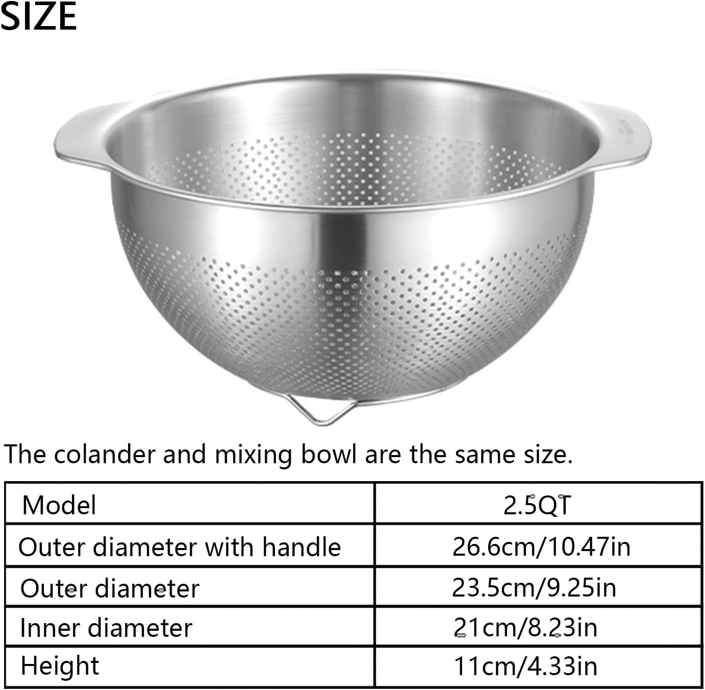 18/8 Stainless Steel Microwell Colander, 2.5QT Large Capacity with Handle Kitchen Food Strainer Basket for Washing Vegetables, Fruits, Rice, and Pasta (primary colour, 2.5QTColander+2.5QT Mixing bowl)