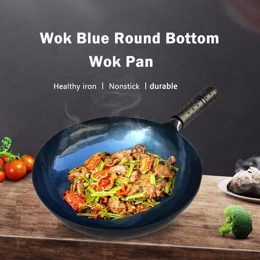 shuoguoleilei Chinese Hand Hammered Iron Woks Set, Non-stick No Coating Preseasoned Wok Blue Round Bottom Wok Pan For Electric, Induction and Gas Stoves （Blue Black-13）
