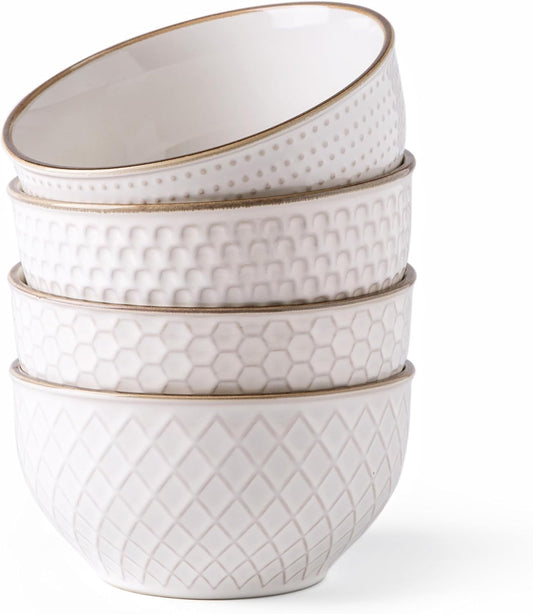 GBHOME Stoneware Cereal Bowls Set of 4, 24 oz Ceramic Soup Bowls with Texture Patterns for Soup,Oatmeal, Snacks, Perfect Bowls for Wedding, House-warming Gift-Off White