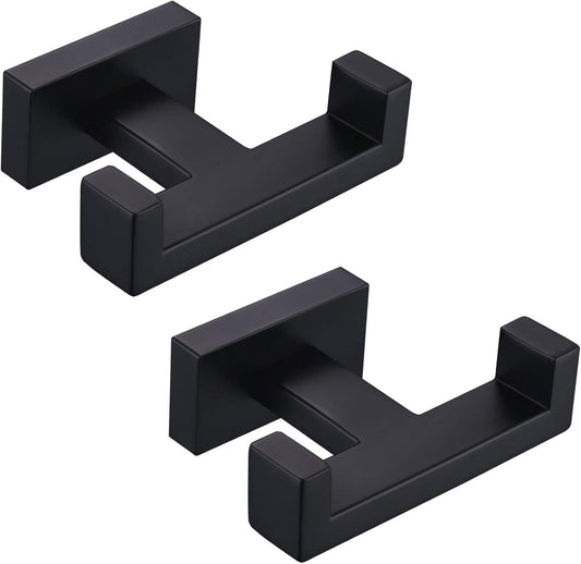 Angle Simple Bathroom Towel Hooks, Stainless Steel Shower Double Robe Coat Hooks for Wall, Matte Black, 2 Pack