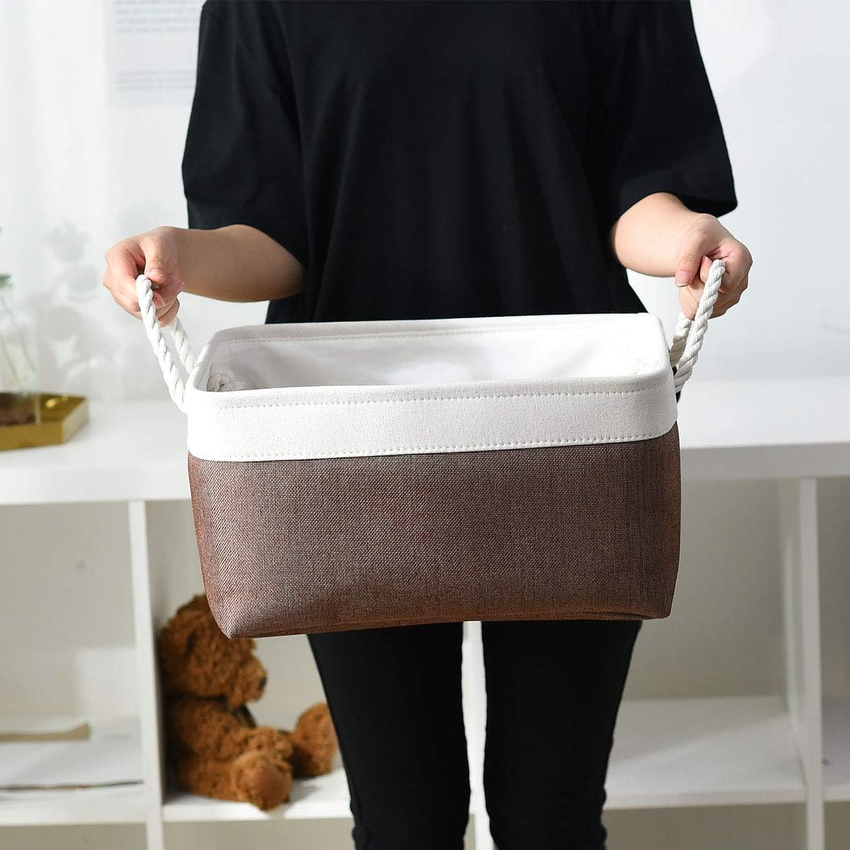 Large Storage Baskets for Shelves, Fabric Baskets for Organizing, Collapsible Storage Bins for Closet, Nursery, Clothes, Home & Office [3-Pack, White&Brown]