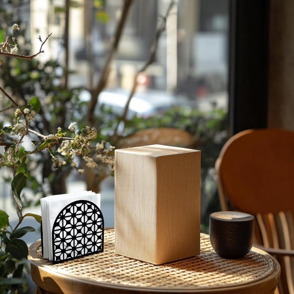 Modern Geometric Round Decorative Black Metal Napkin Holder for Table, 4.9" x 4.9" x 1.9" Standing Napkin Holder for Home Kitchen Restaurant Picnic Party Coffee Bar Dining Room