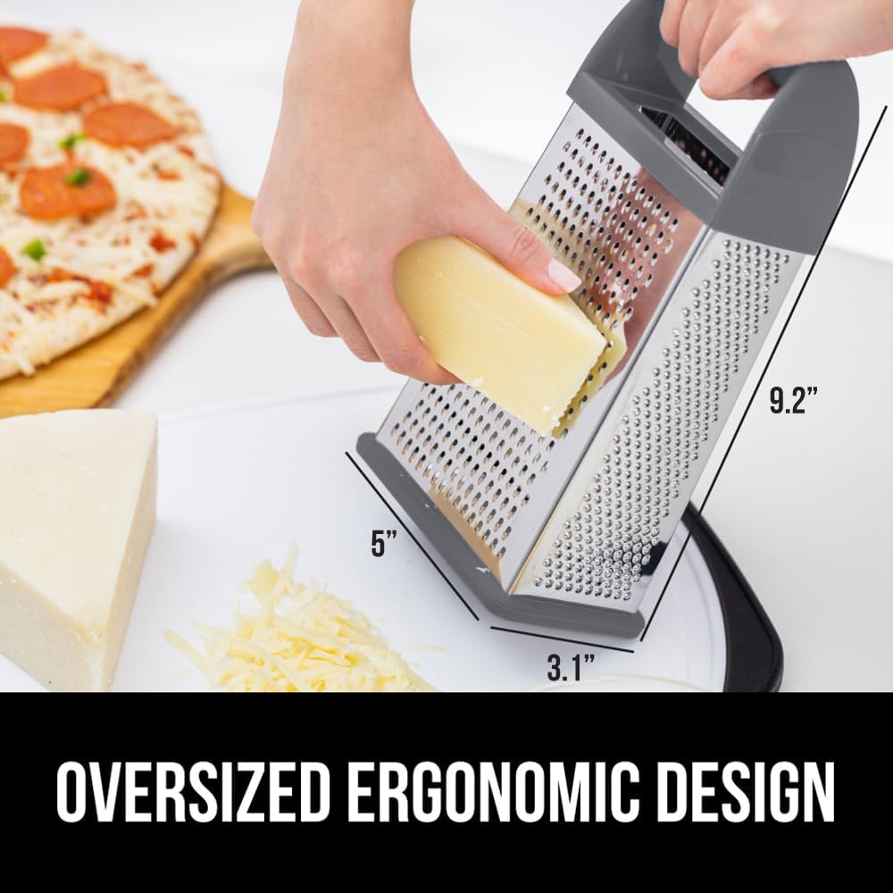 GORILLA GRIP 4-Sided 100% BPA-Free Cheese Grater With Container, Stainless Steel XL Box Graters, Parmesan Shredder, Grate Cheeses, Shred Veggies, Slip Resistant Handle, Dishwasher Safe Zester, Gray