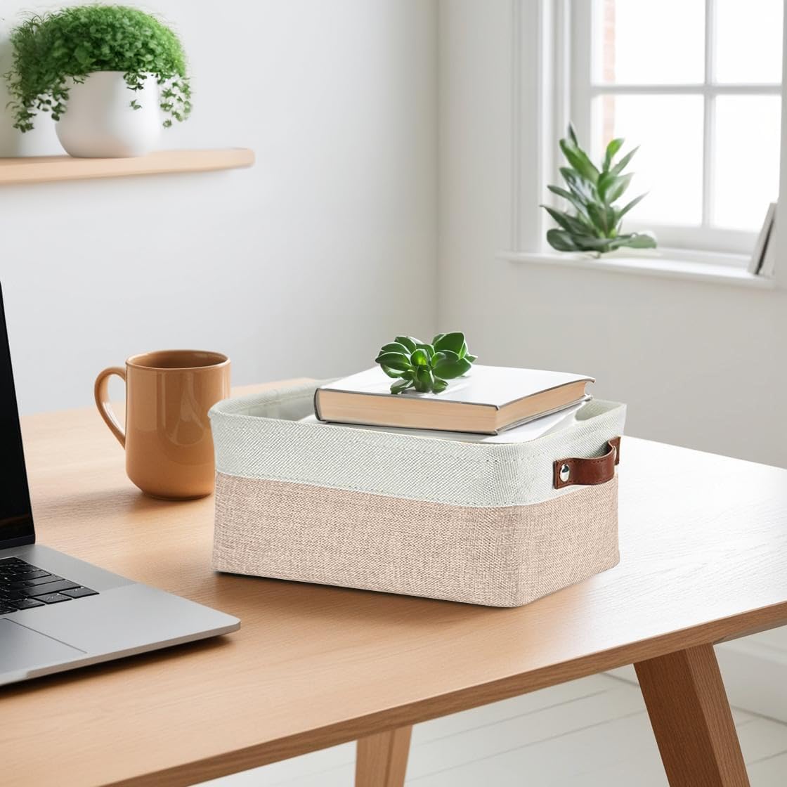 DECOMOMO Small Storage Basket, Closet Storage Bins, Baskets for Organizing Shelves (Beige & White, Small - 6 Pack)