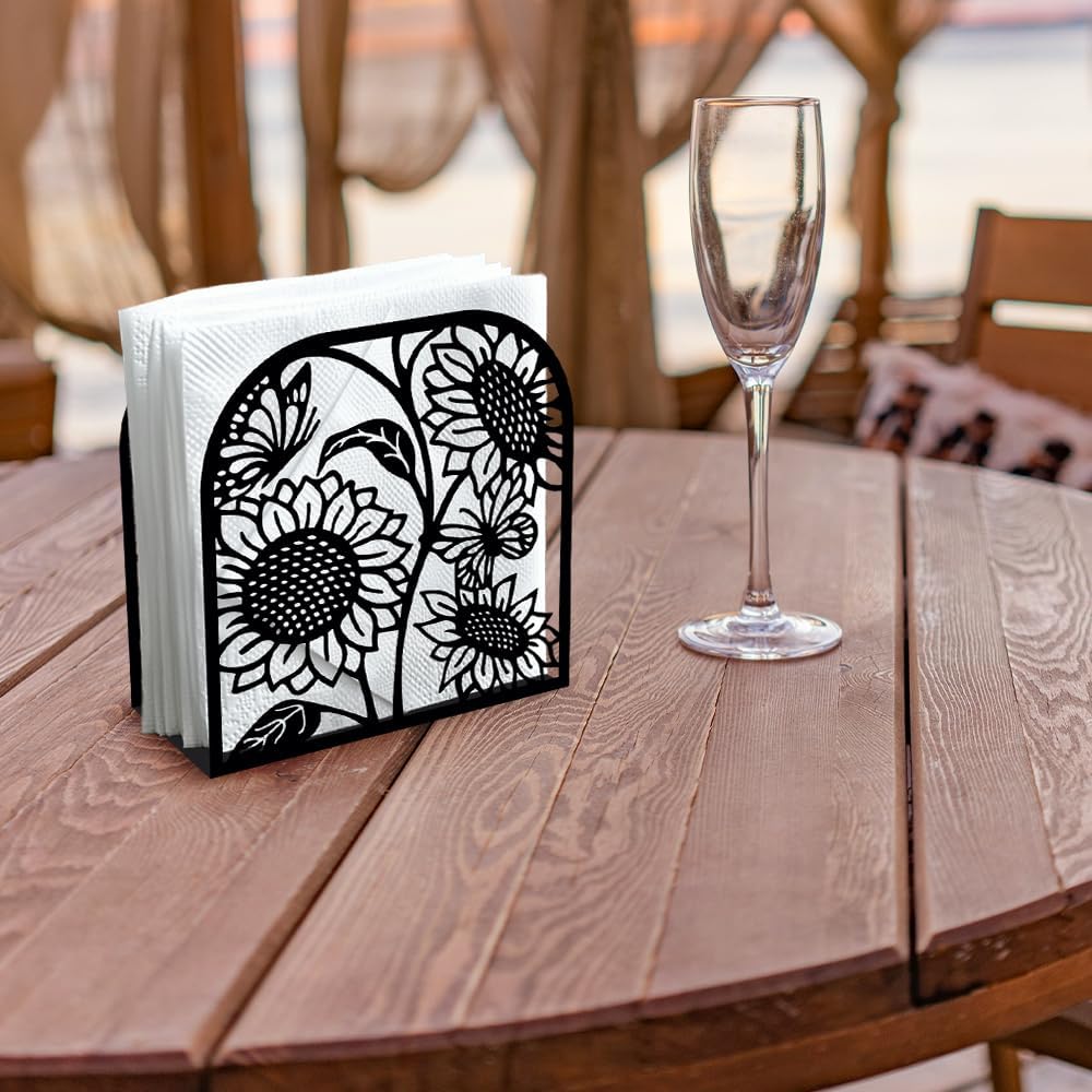 Sunflower and Butterfly Decorative Black Metal Napkin Holder for Table, 4.9" x 4.9" x 1.9" Standing Napkin Holder for Home Kitchen Restaurant Picnic Party Coffee Bar Dining Room
