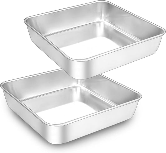 EWFEN 8 x 8 Inch Square Cake Pan, Stainless Steel Baking Pan for Lasagna Brownies Casseroles, Square Bakeware for Oven Cooking, Non-Toxic & Rust-resistant, Dishwasher Safe, 2 Pack
