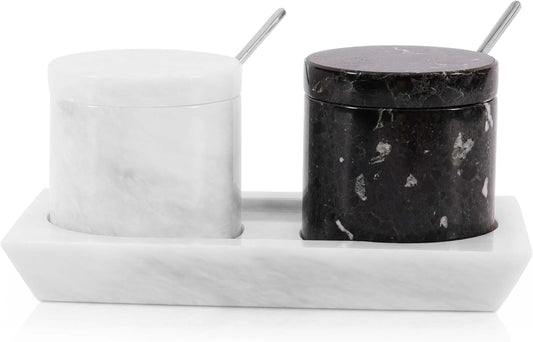 Radicaln Marble Salt Cellar With Lid and Tray 3" Inch Black and White Salt Container, Set of 2 Seasoning Jars, Spice Storage Container and Salt Bowl for Kitchen Countertop