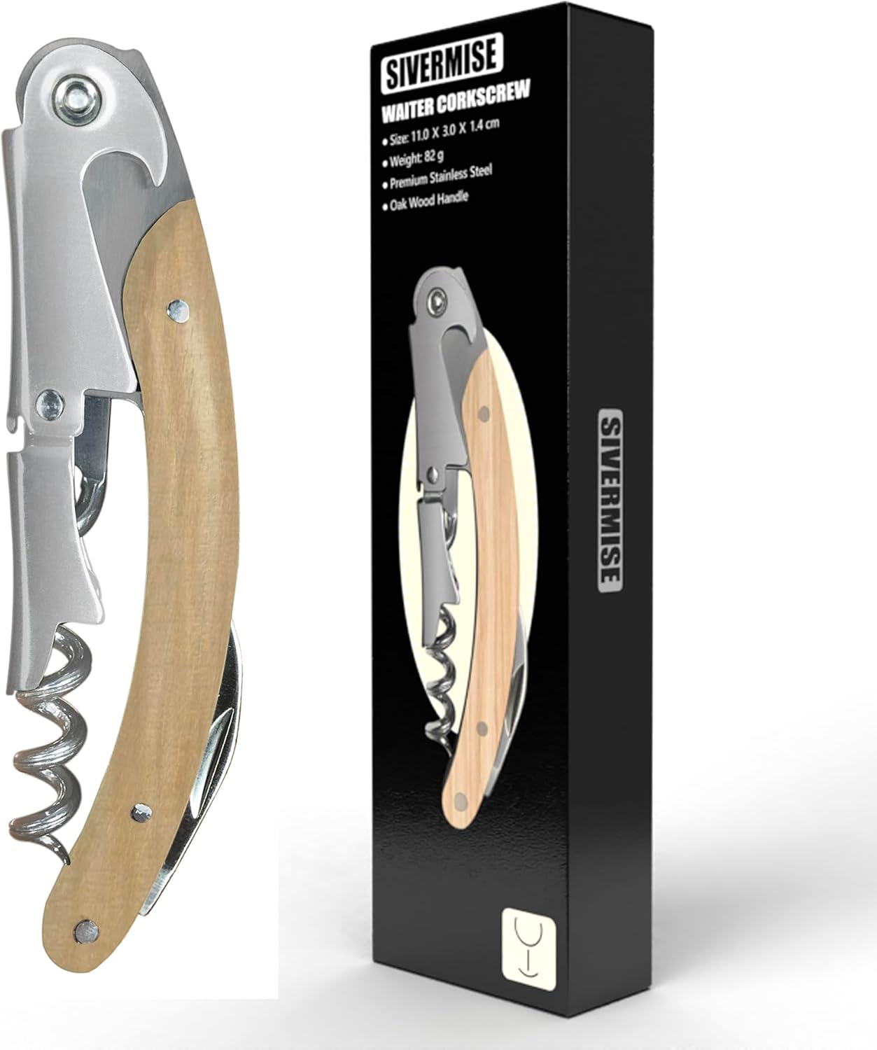 Wine Opener, Bottle Opener, Wine Key, Waiter Corkscrew, Oak Wood Handle