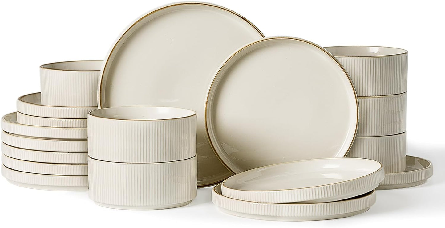 Famiware Star Dinnerware Set, Plates and Bowls Sets for 6 (18pcs), Ribbed Stoneware Dishes - Chip & Scratch Resistant, Microwave & Dishwasher Safe Kitchenware, Vanilla White