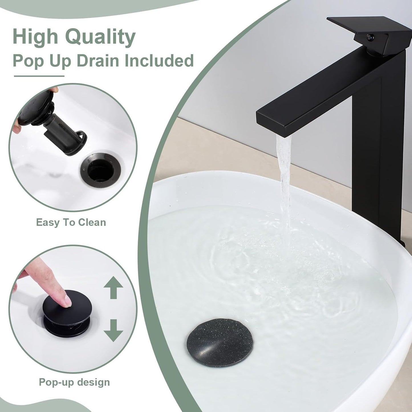 Matte Black Bathroom Faucet Single Handle 1 Hole Tall Bathroom Vessel Sink Faucet, 304 Stainless Steel Modern Vanity Faucet Basin Mixer Tap with Water Supply Hose and Pop Up Sink Drain