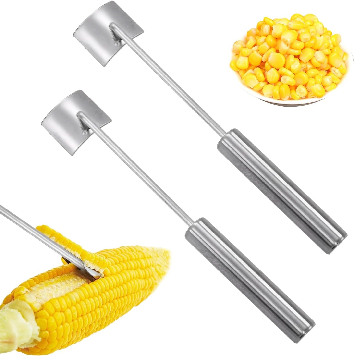Stainless Steel Corn Peeler and Stripper Set, 2 Pcs Long Handle Corn Cutter for Kitchen and Outdoor Dining