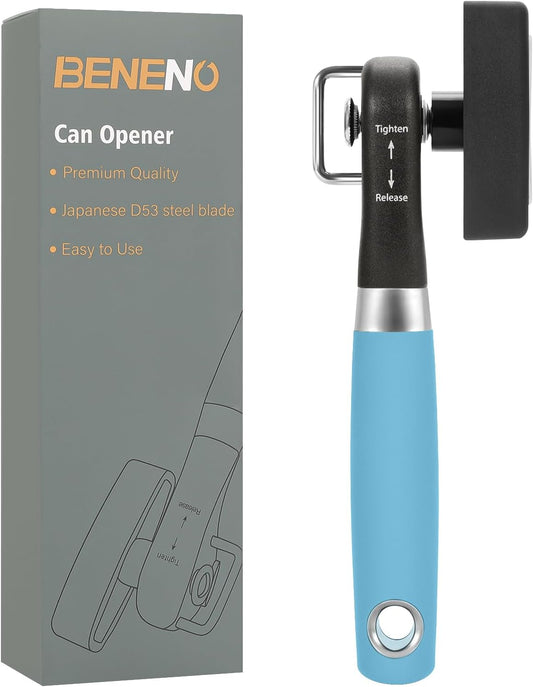 Beneno Can Opener, Manual Side Safe Cut Can Opener Smooth Edge with Durable Sharp Blade, Effort-Saving Knob & Comfortable Non-slip Handle, Aqua