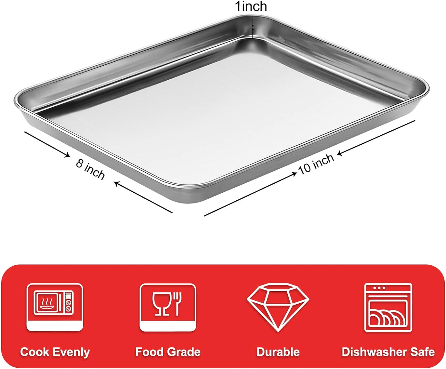 Baking Sheets for Oven, Stainless Steel Cookie Sheet Baking Pan Toaster Oven Tray 10 x 8 x 1 Inch, Easy Clean & Non-stick & Dishwasher Safe