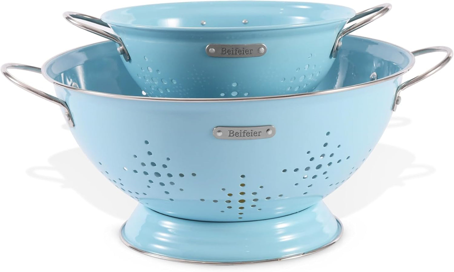 Metal Colander 2 Pack, Strainer Bowel with Handles 2Qt & 6Qt Powder Coated Solid Ring Base Heavey Duty Kitchen Drainer Basket for Pasta Veggies and Fruits,New Home Apartment Essentials (ArcticBlue)